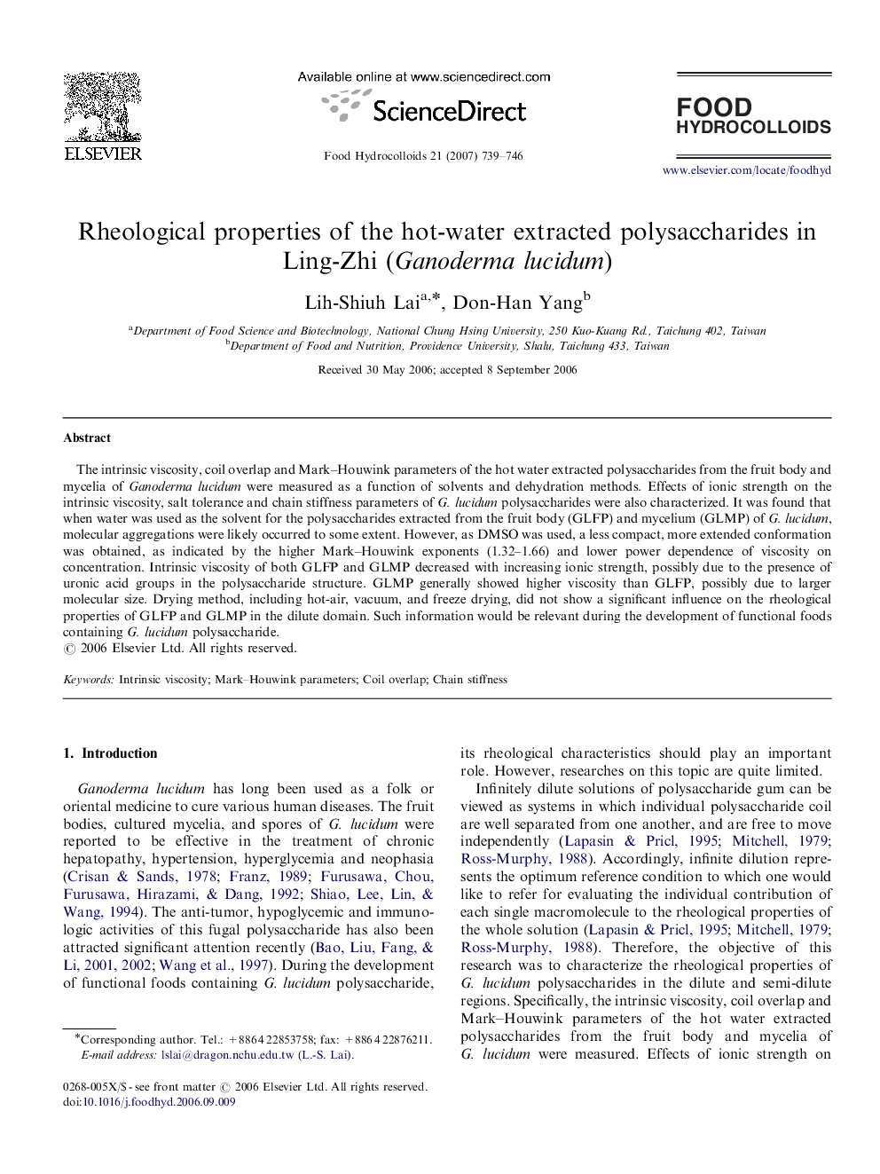 Rheological properties of the hot-water extracted polysaccharides in Ling-Zhi (Ganoderma lucidum)