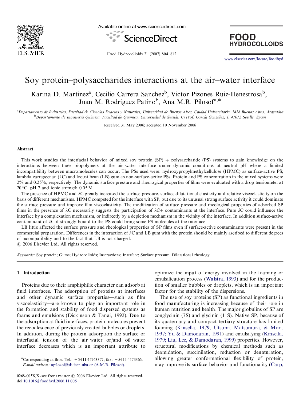 Soy protein–polysaccharides interactions at the air–water interface