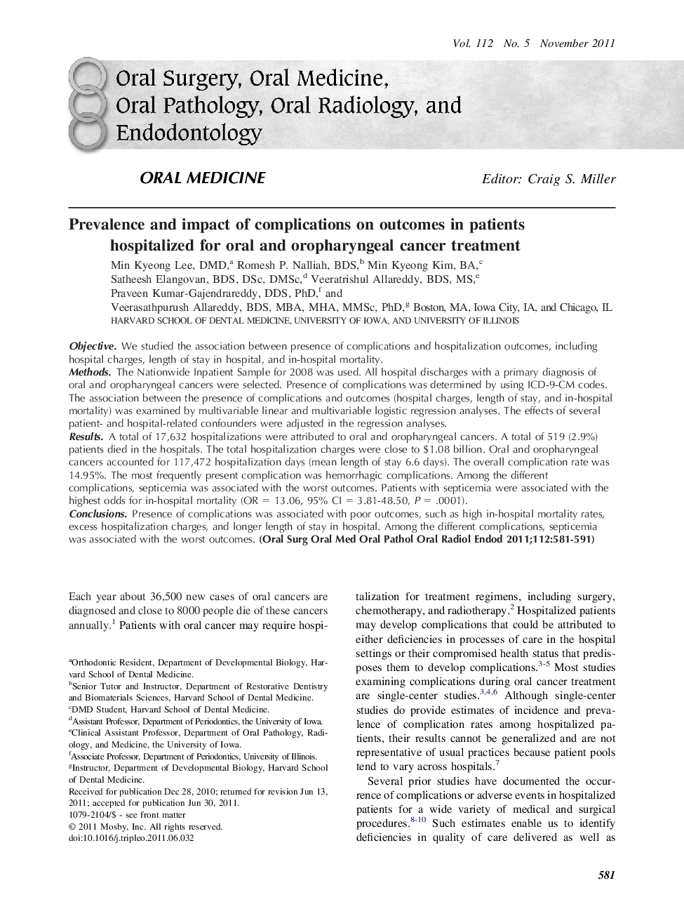 Prevalence and impact of complications on outcomes in patients hospitalized for oral and oropharyngeal cancer treatment