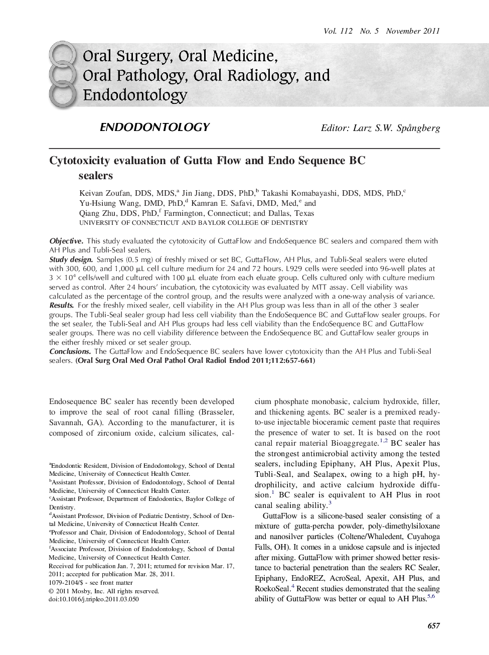 EndodontologyCytotoxicity evaluation of Gutta Flow and Endo Sequence BC sealers