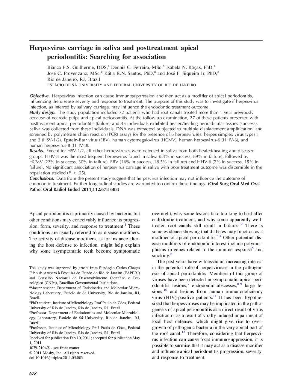 EndodontologyHerpesvirus carriage in saliva and posttreatment apical periodontitis: Searching for association