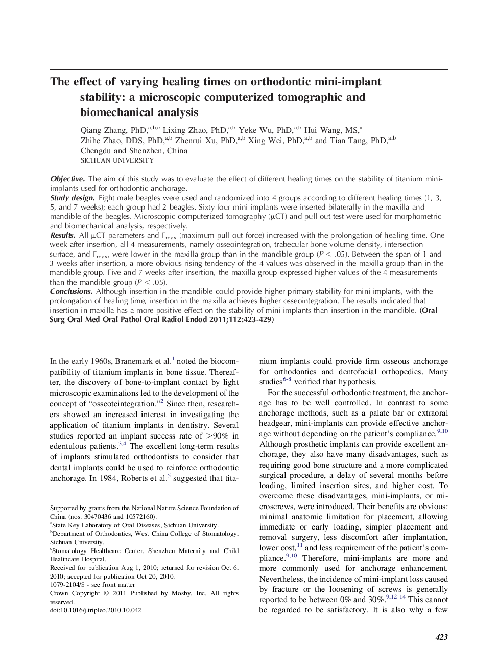 Oral and maxillofacial surgeryThe effect of varying healing times on orthodontic mini-implant stability: a microscopic computerized tomographic and biomechanical analysis