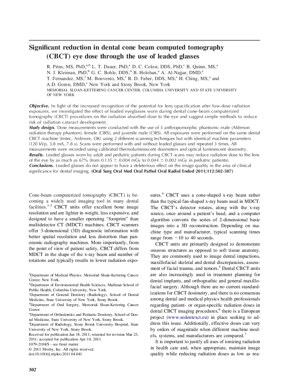 Significant reduction in dental cone beam computed tomography (CBCT) eye dose through the use of leaded glasses