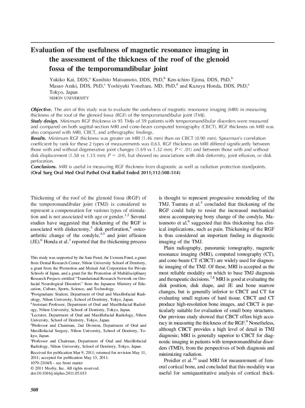 Evaluation of the usefulness of magnetic resonance imaging in the assessment of the thickness of the roof of the glenoid fossa of the temporomandibular joint