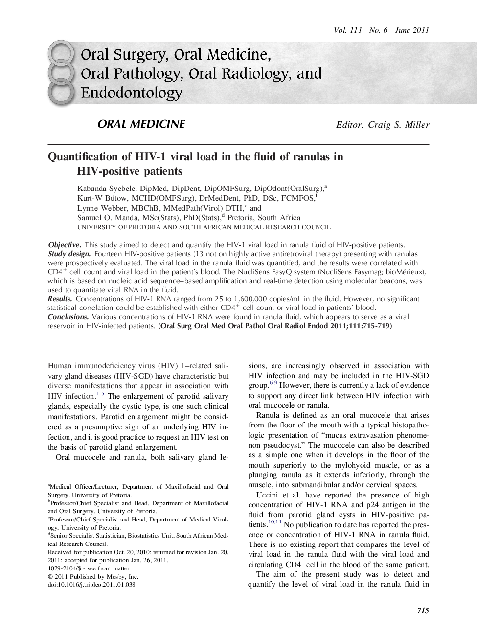 Quantification of HIV-1 viral load in the fluid of ranulas in HIV-positive patients