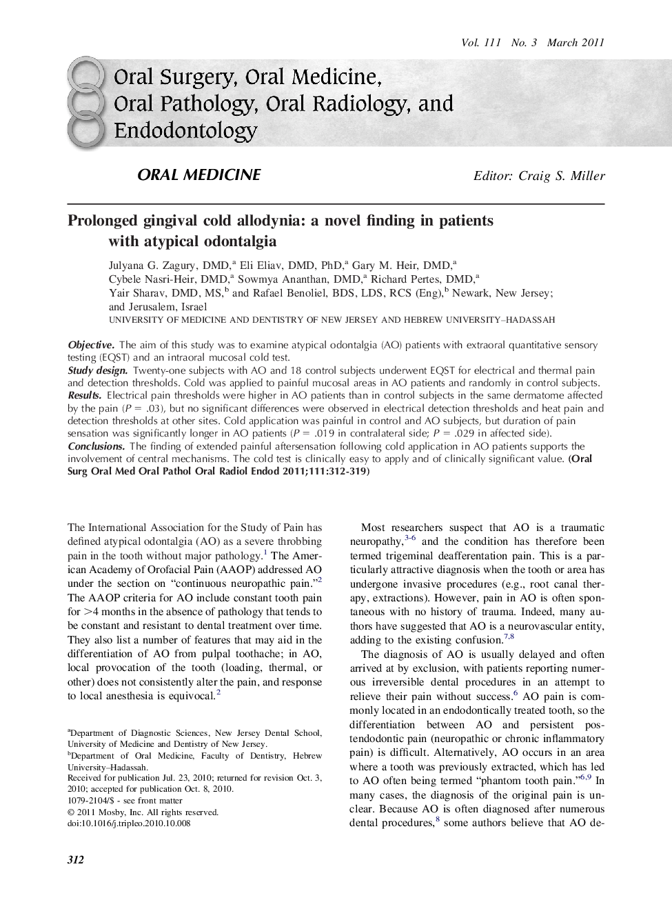 Prolonged gingival cold allodynia: a novel finding in patients with atypical odontalgia