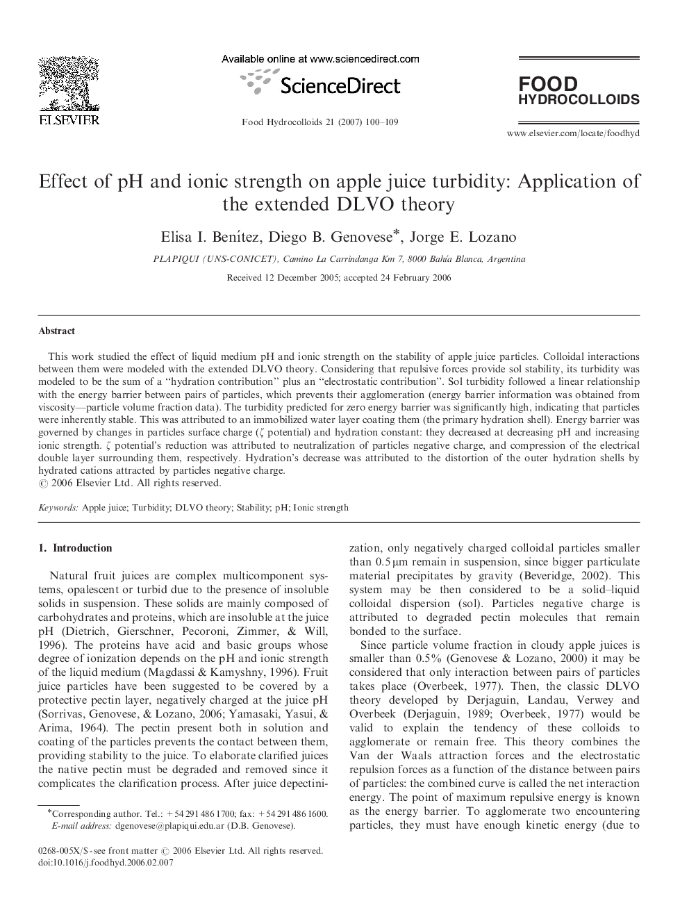 Effect of pH and ionic strength on apple juice turbidity: Application of the extended DLVO theory