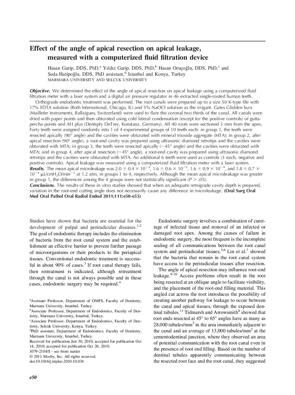 Effect of the angle of apical resection on apical leakage, measured with a computerized fluid filtration device