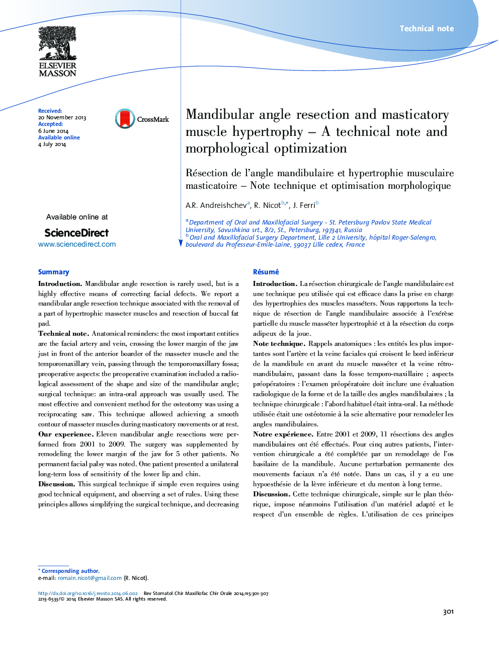 Mandibular angle resection and masticatory muscle hypertrophy - A technical note and morphological optimization