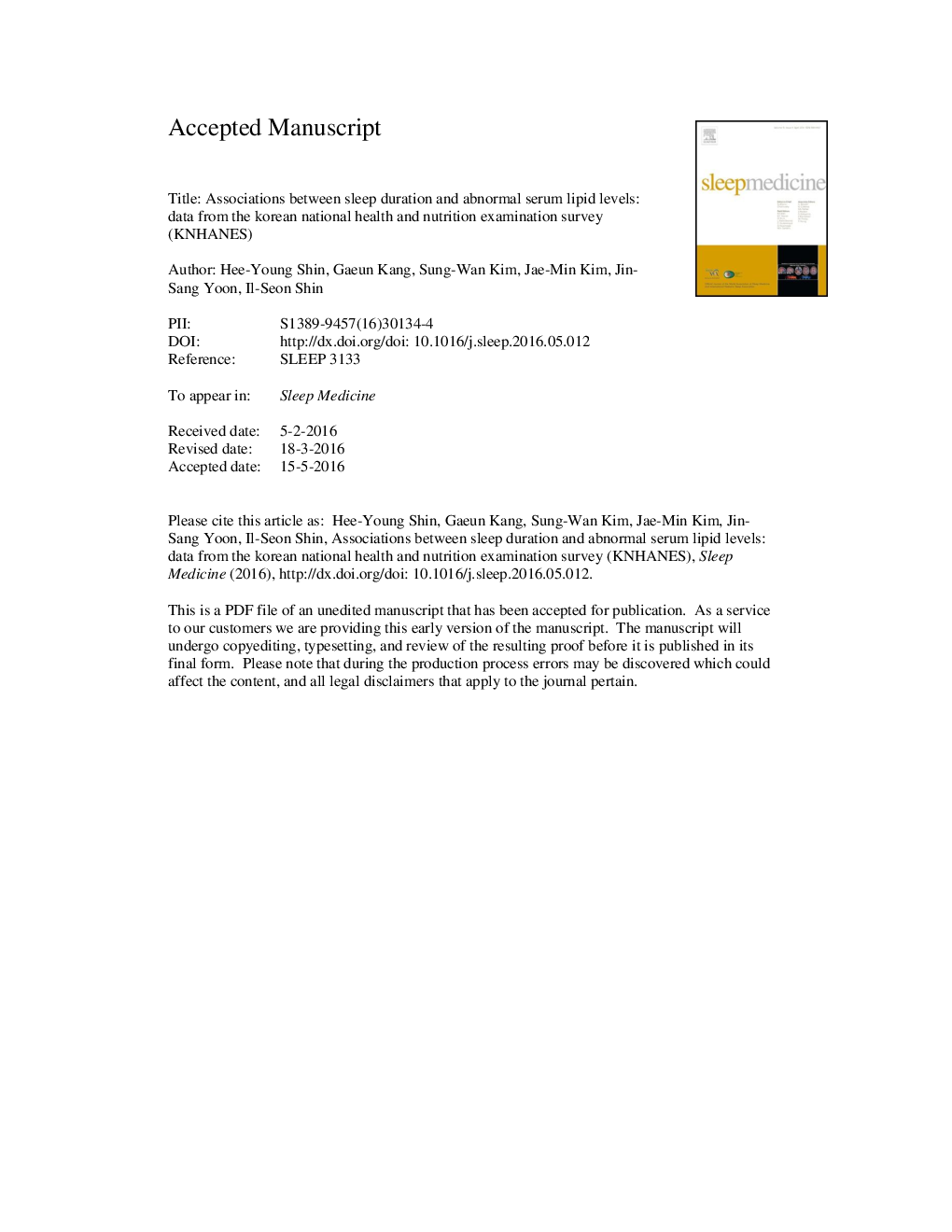 Associations between sleep duration and abnormal serum lipid levels: data from the Korean National Health and Nutrition Examination Survey (KNHANES)