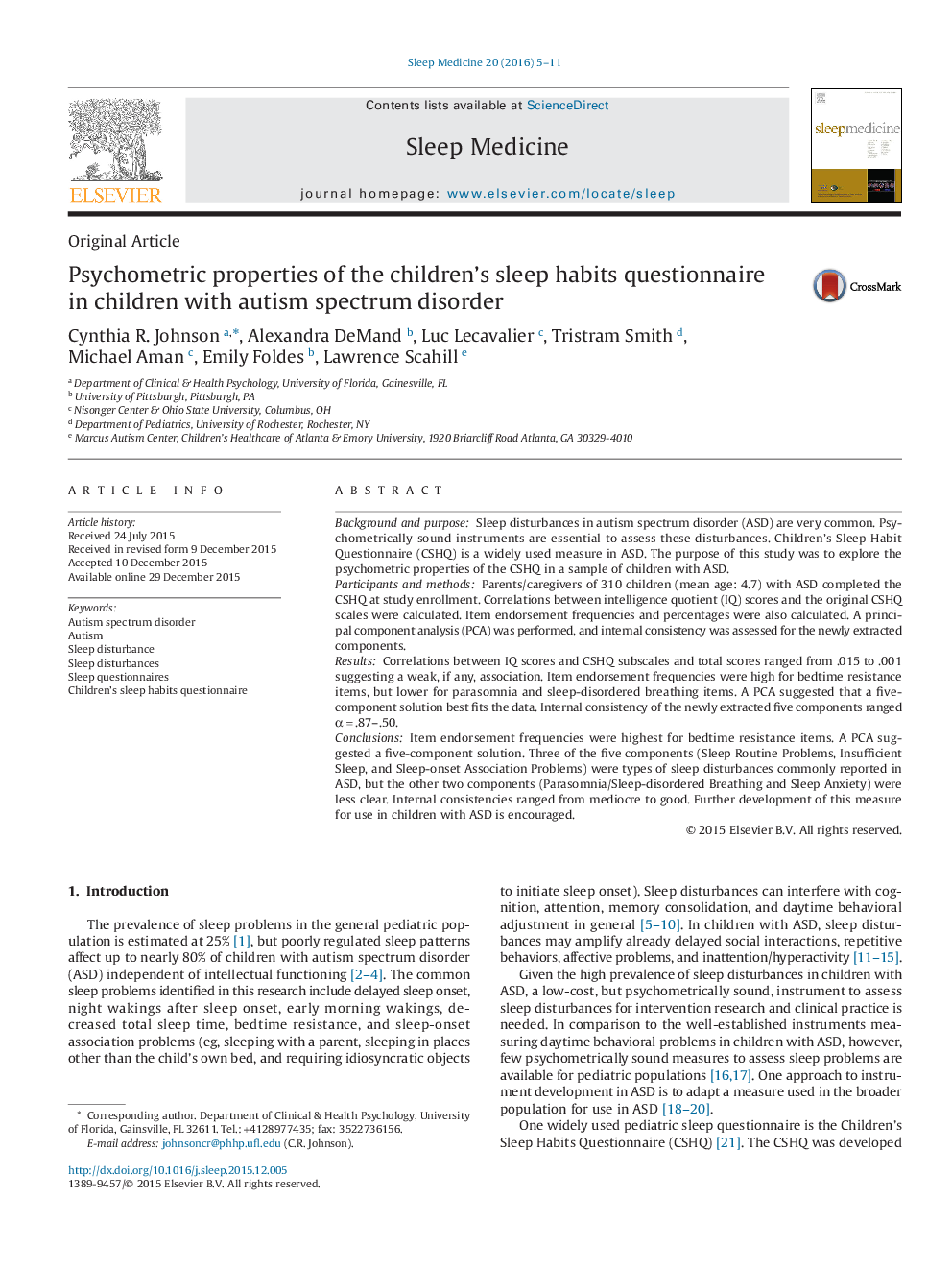 Psychometric properties of the children's sleep habits questionnaire in children with autism spectrum disorder