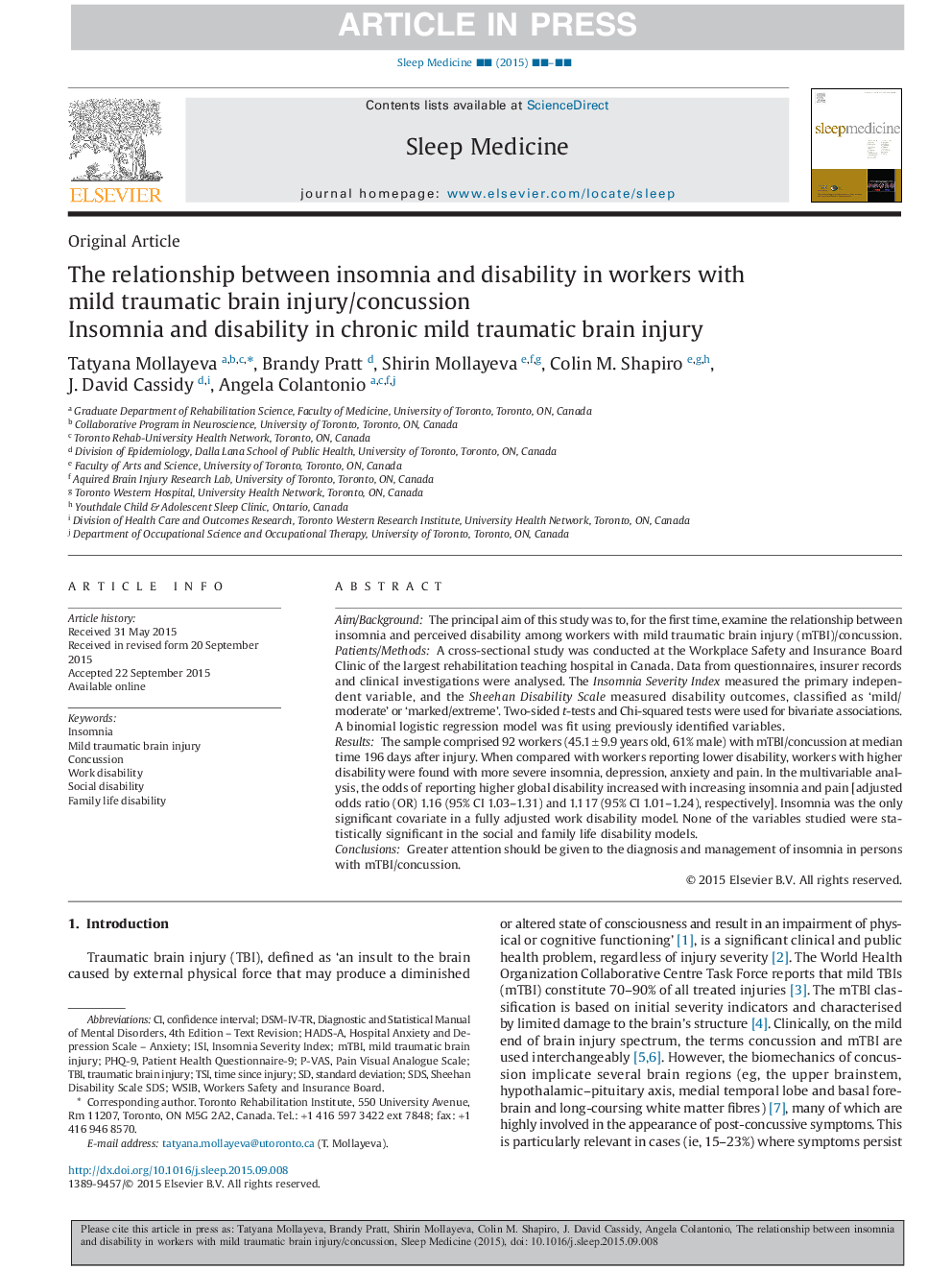 The relationship between insomnia and disability in workers with mild traumatic brain injury/concussion