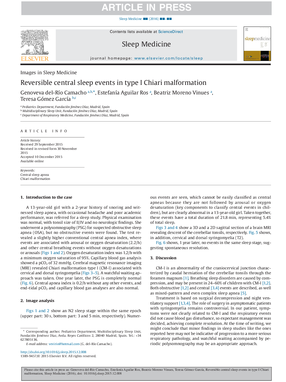 Reversible central sleep events in type I Chiari malformation