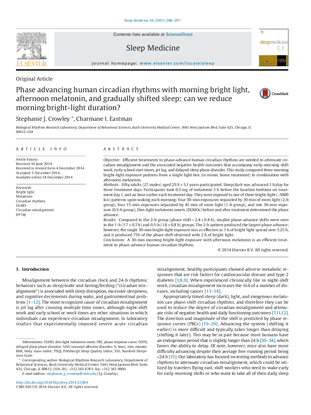 Original ArticlePhase advancing human circadian rhythms with morning bright light, afternoon melatonin, and gradually shifted sleep: can we reduce morning bright-light duration?