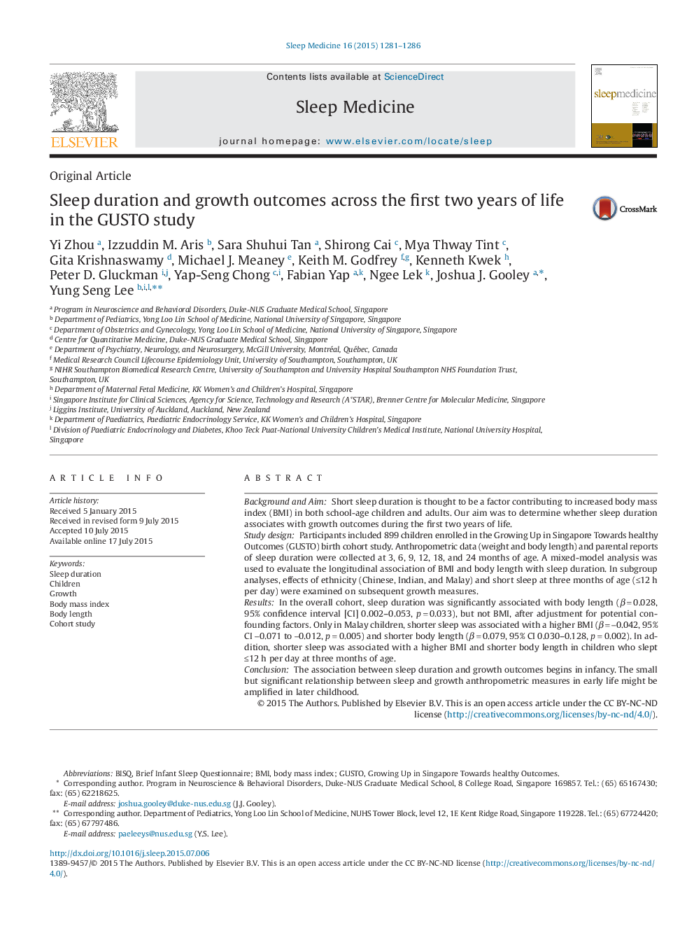 Sleep duration and growth outcomes across the first two years of life in the GUSTO study