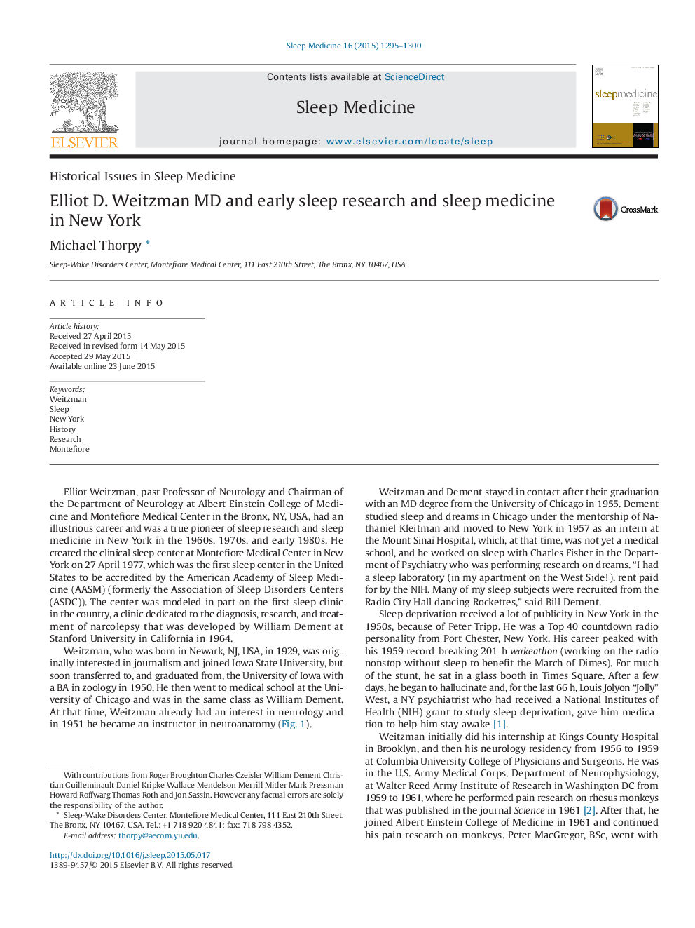 Elliot D. Weitzman MD and early sleep research and sleep medicine in New York