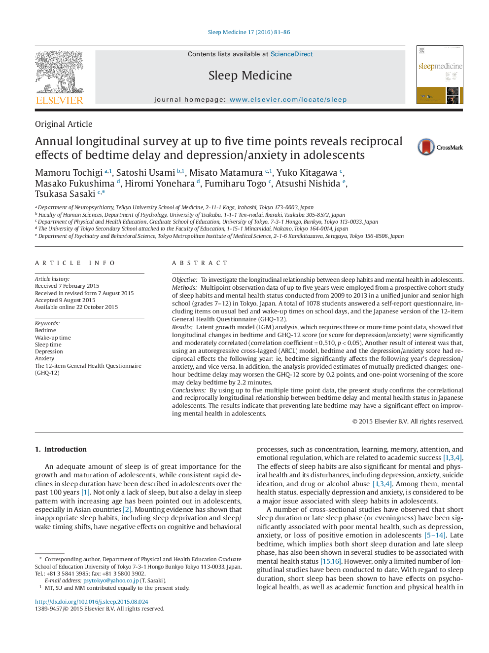 Annual longitudinal survey at up to five time points reveals reciprocal effects of bedtime delay and depression/anxiety in adolescents