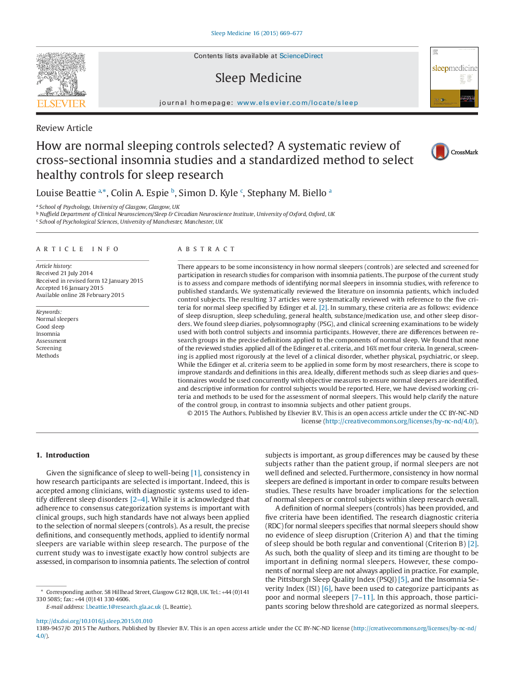 How are normal sleeping controls selected? A systematic review of cross-sectional insomnia studies and a standardized method to select healthy controls for sleep research