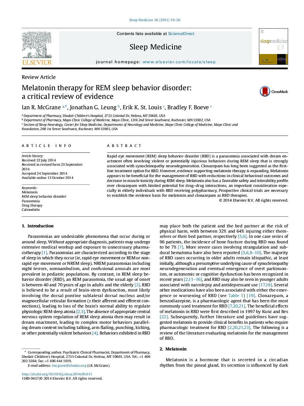 Review ArticleMelatonin therapy for REM sleep behavior disorder: a critical review of evidence