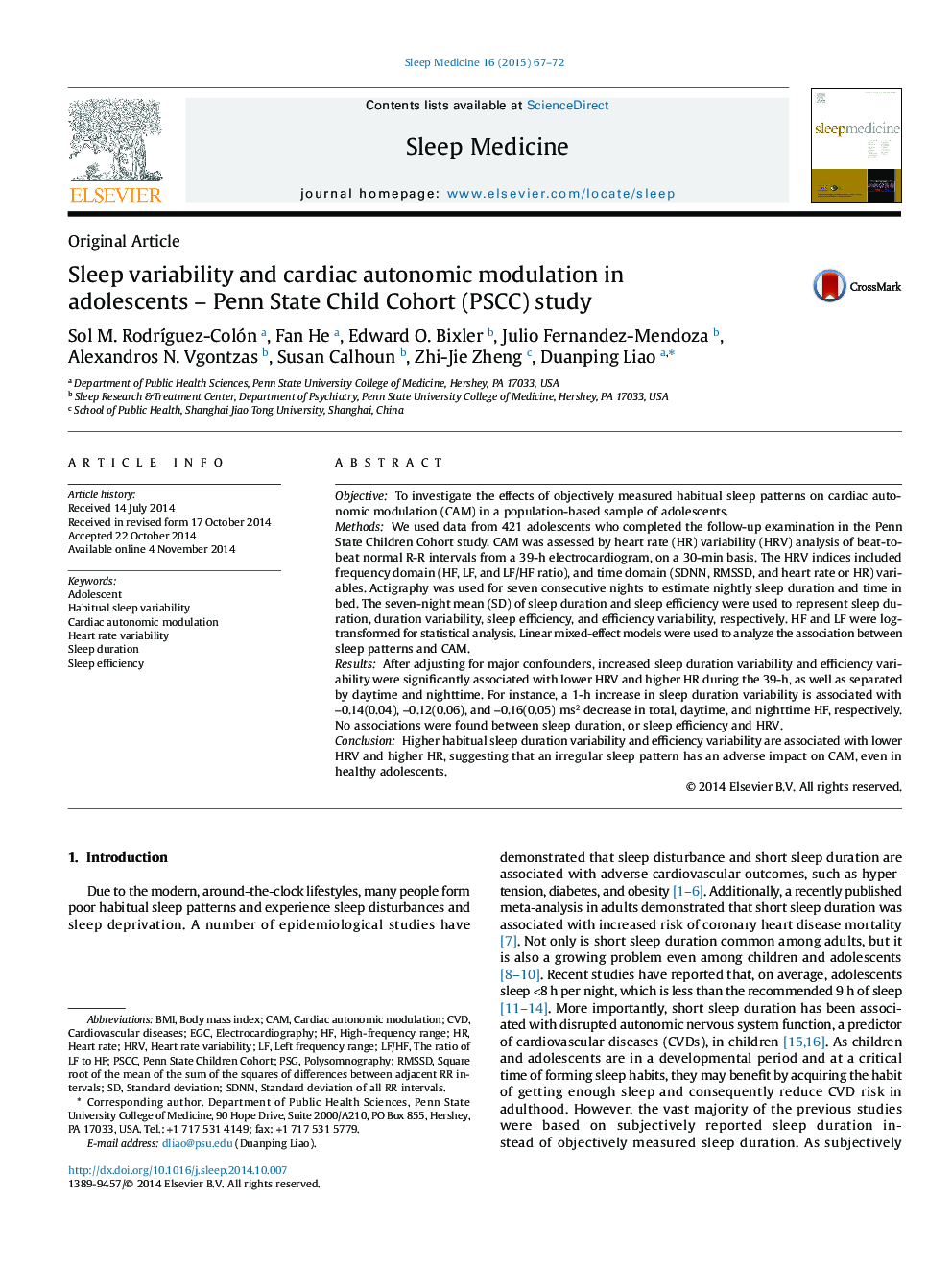 Sleep variability and cardiac autonomic modulation in adolescents - Penn State Child Cohort (PSCC) study