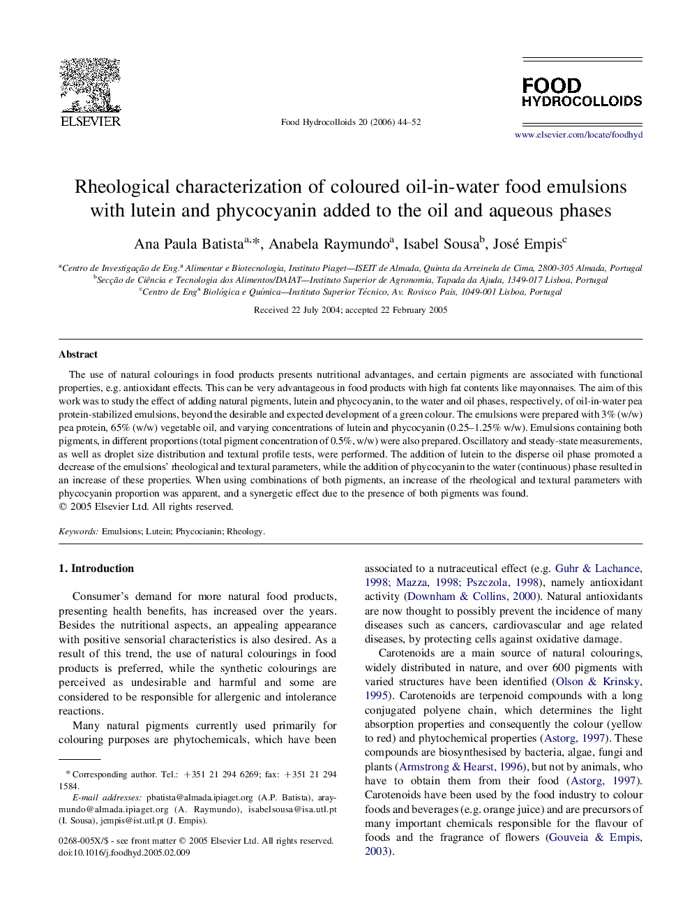 Rheological characterization of coloured oil-in-water food emulsions with lutein and phycocyanin added to the oil and aqueous phases