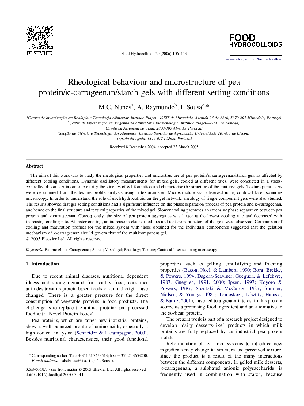 Rheological behaviour and microstructure of pea protein/κ-carrageenan/starch gels with different setting conditions