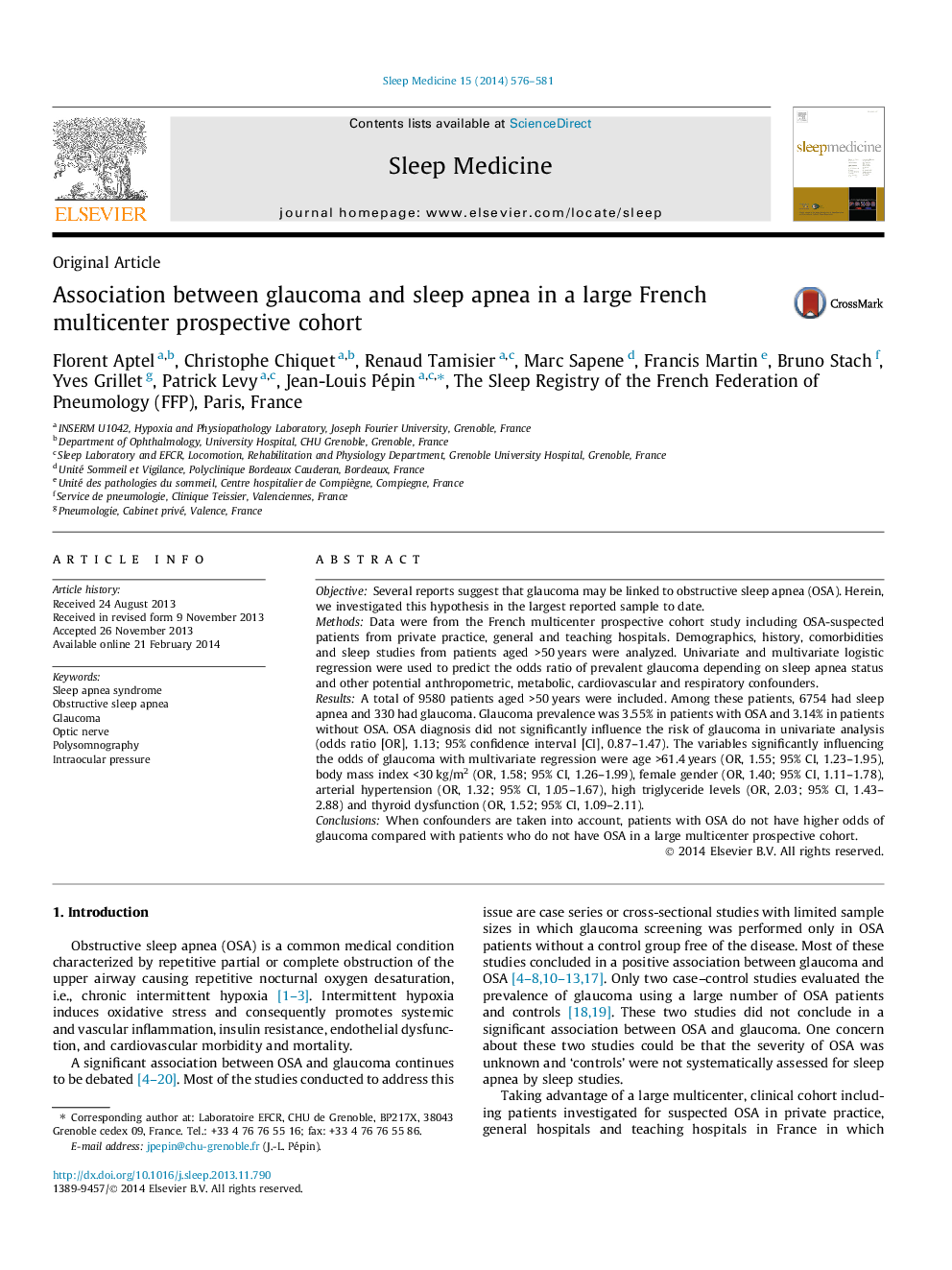 Original ArticleAssociation between glaucoma and sleep apnea in a large French multicenter prospective cohort