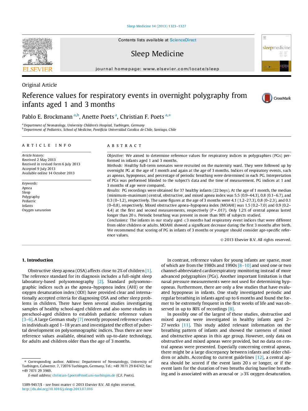 Reference values for respiratory events in overnight polygraphy from infants aged 1 and 3Â months