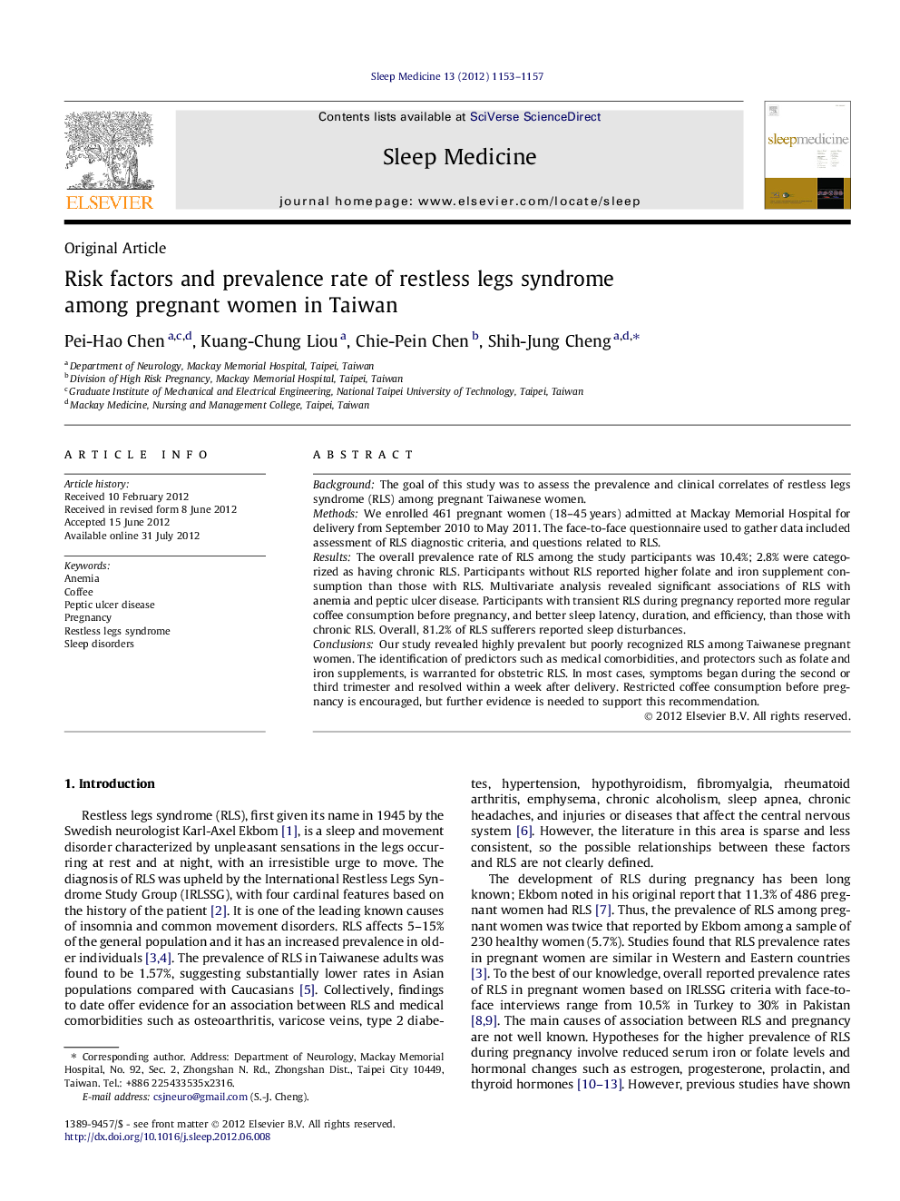 Original ArticleRisk factors and prevalence rate of restless legs syndrome among pregnant women in Taiwan