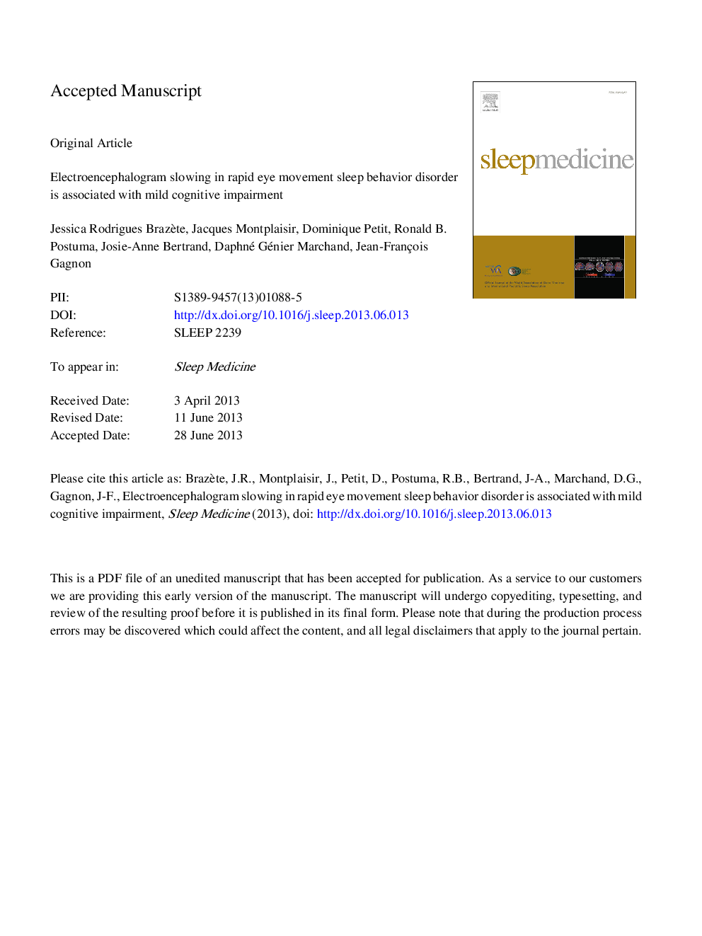 Electroencephalogram slowing in rapid eye movement sleep behavior disorder is associated with mild cognitive impairment