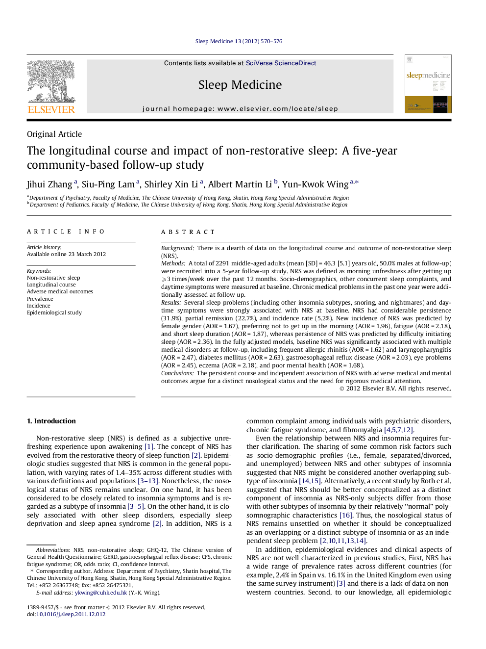 Original ArticleThe longitudinal course and impact of non-restorative sleep: A five-year community-based follow-up study