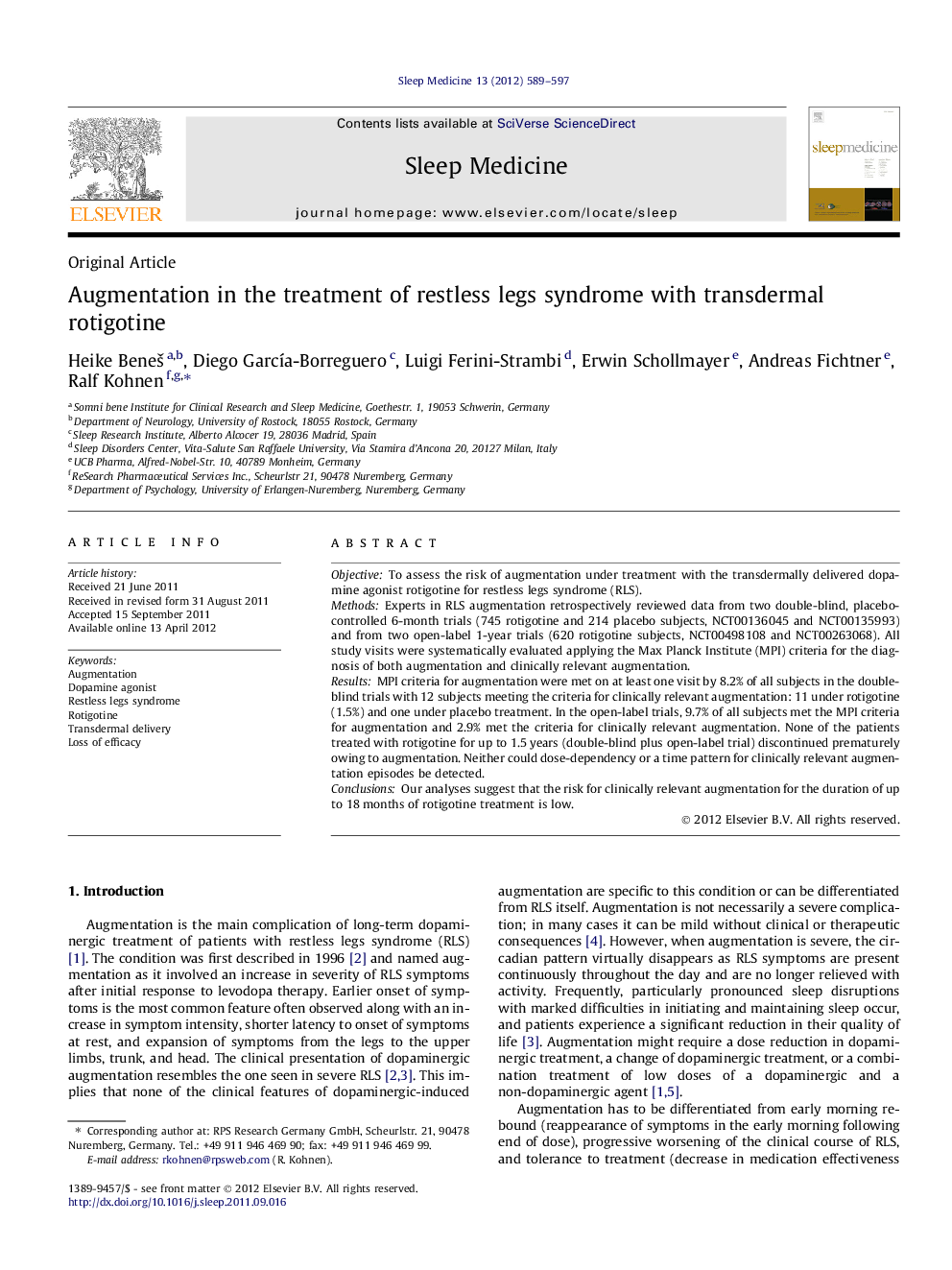 Augmentation in the treatment of restless legs syndrome with transdermal rotigotine