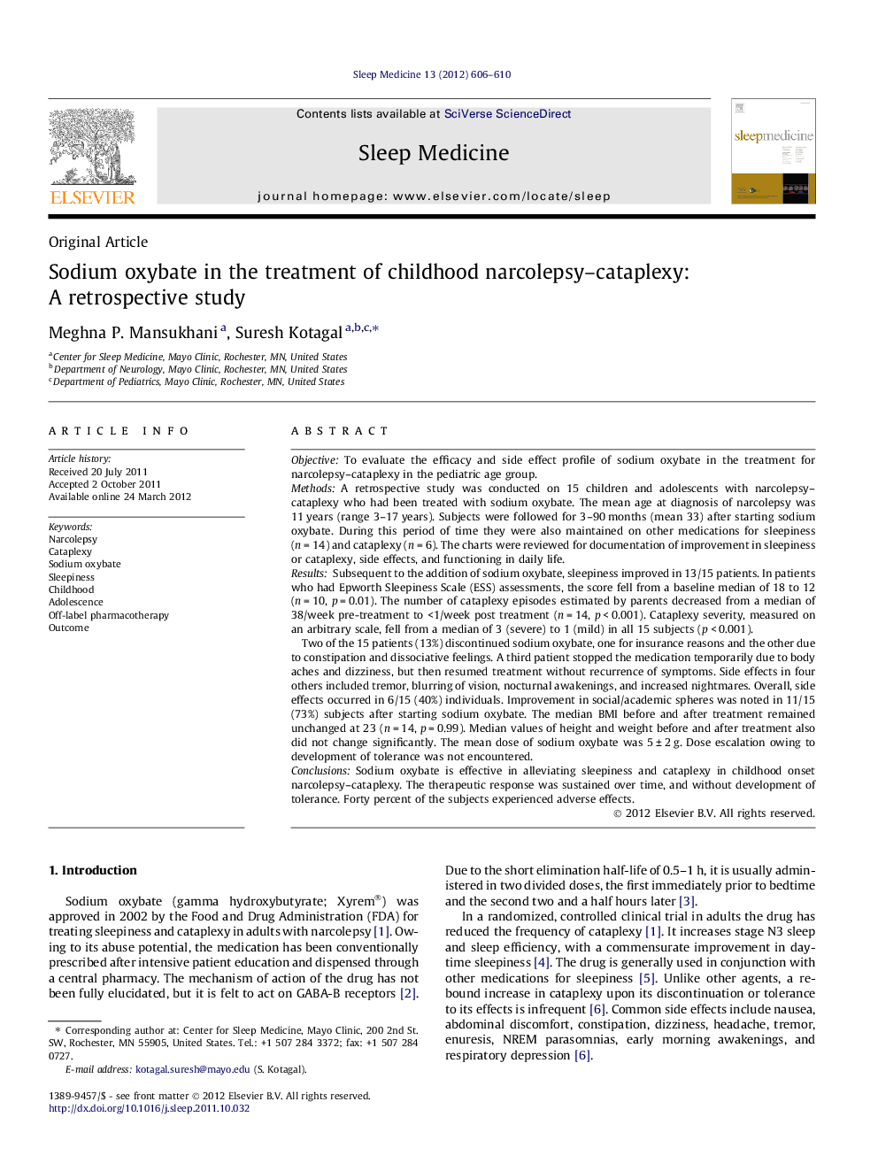 Sodium oxybate in the treatment of childhood narcolepsy-cataplexy: A retrospective study