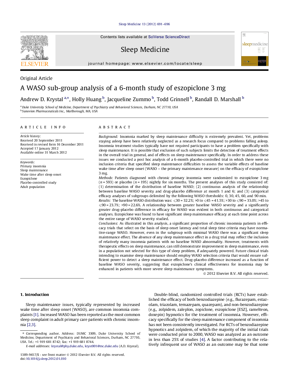 A WASO sub-group analysis of a 6-month study of eszopiclone 3Â mg