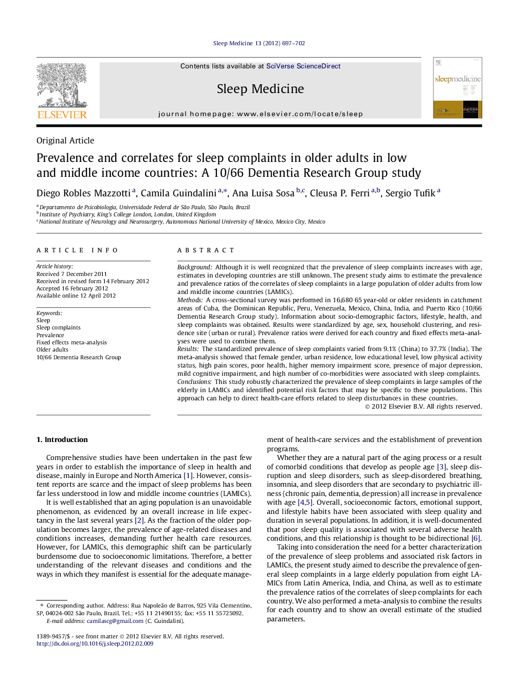 Prevalence and correlates for sleep complaints in older adults in low and middle income countries: A 10/66 Dementia Research Group study