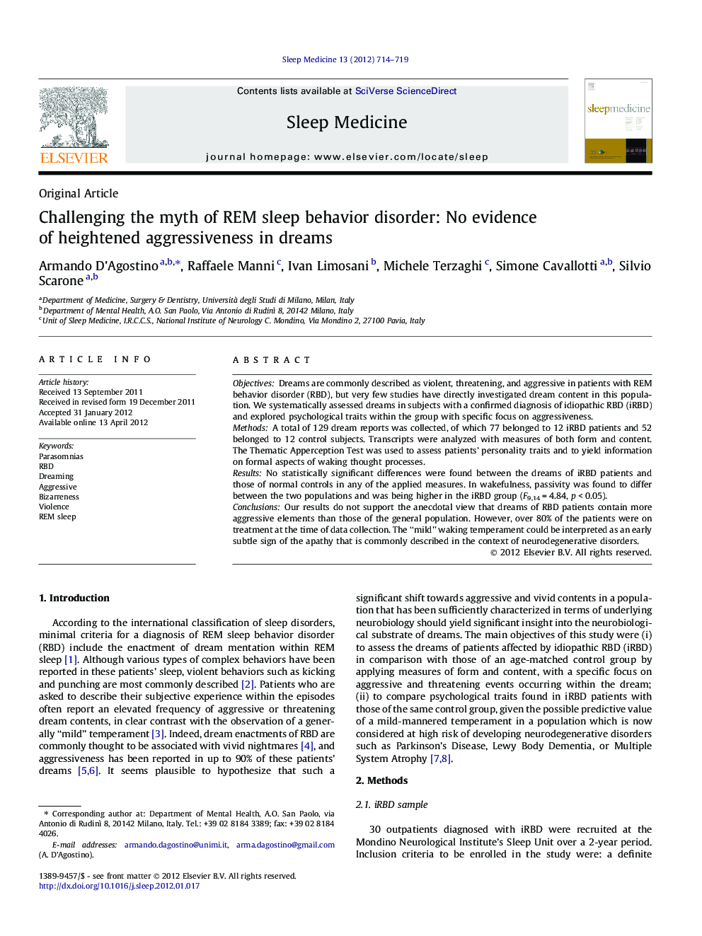 Challenging the myth of REM sleep behavior disorder: No evidence of heightened aggressiveness in dreams