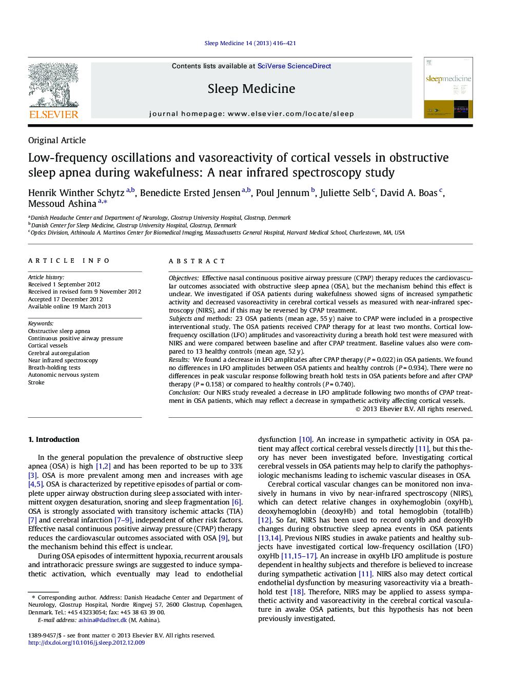 Low-frequency oscillations and vasoreactivity of cortical vessels in obstructive sleep apnea during wakefulness: A near infrared spectroscopy study