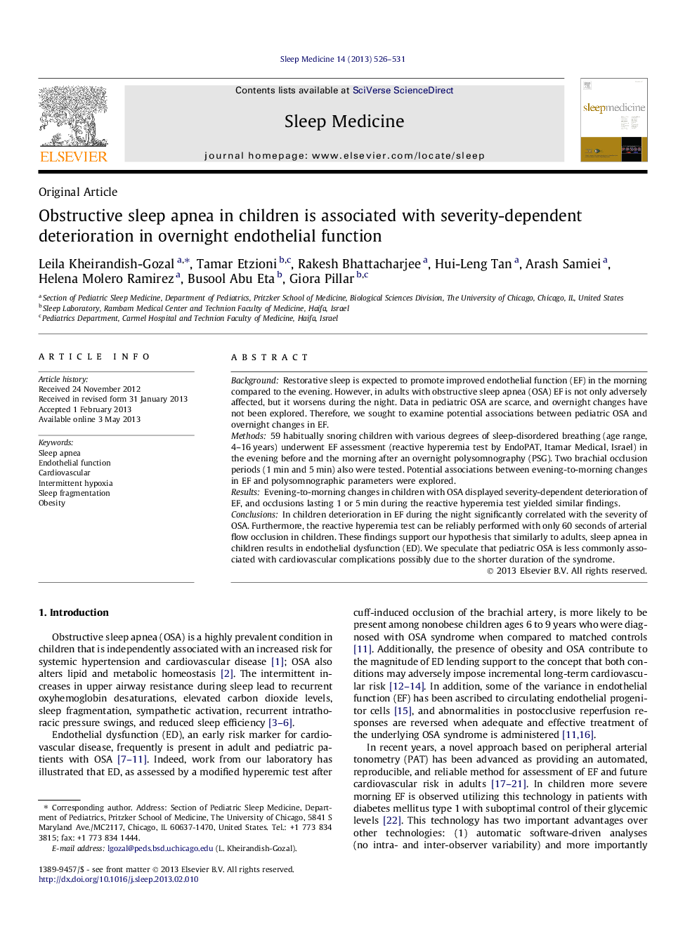 Obstructive sleep apnea in children is associated with severity-dependent deterioration in overnight endothelial function