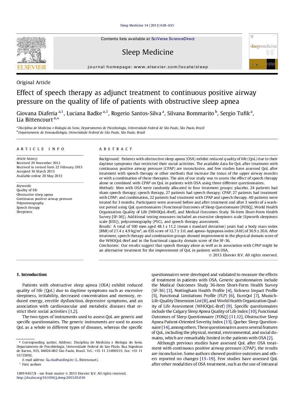 Effect of speech therapy as adjunct treatment to continuous positive airway pressure on the quality of life of patients with obstructive sleep apnea