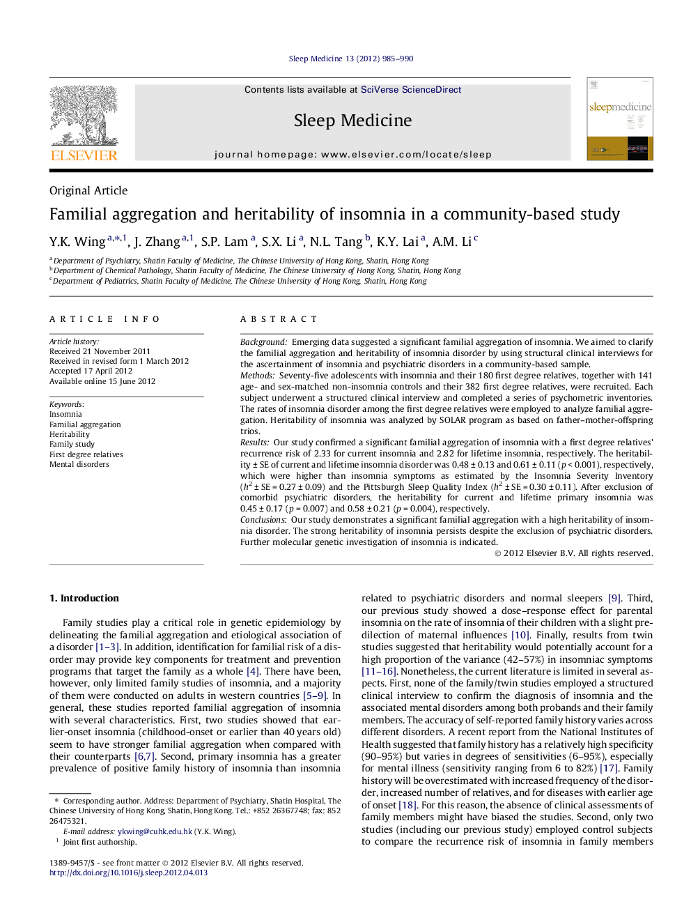 Familial aggregation and heritability of insomnia in a community-based study