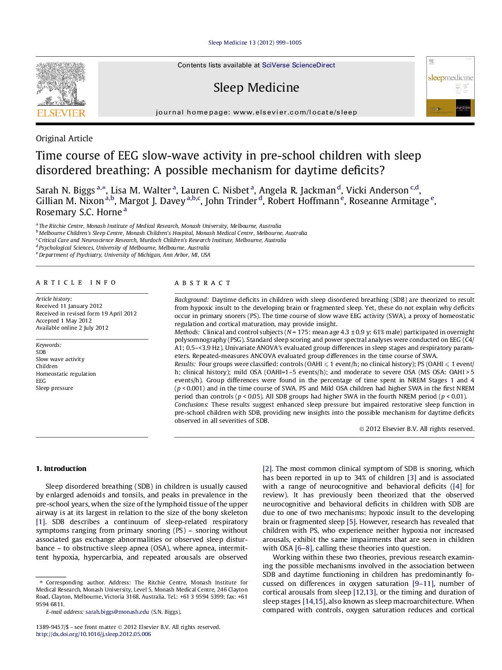 Time course of EEG slow-wave activity in pre-school children with sleep disordered breathing: A possible mechanism for daytime deficits?