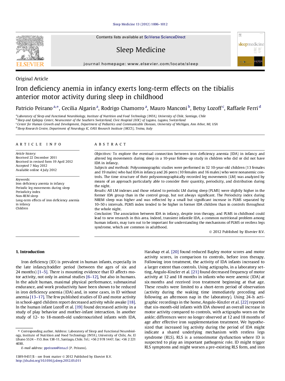 Iron deficiency anemia in infancy exerts long-term effects on the tibialis anterior motor activity during sleep in childhood