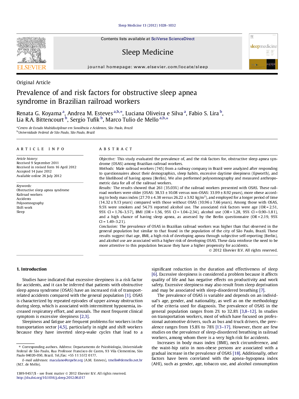 Prevalence of and risk factors for obstructive sleep apnea syndrome in Brazilian railroad workers