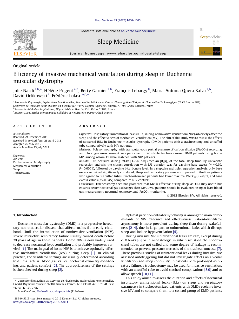 Efficiency of invasive mechanical ventilation during sleep in Duchenne muscular dystrophy