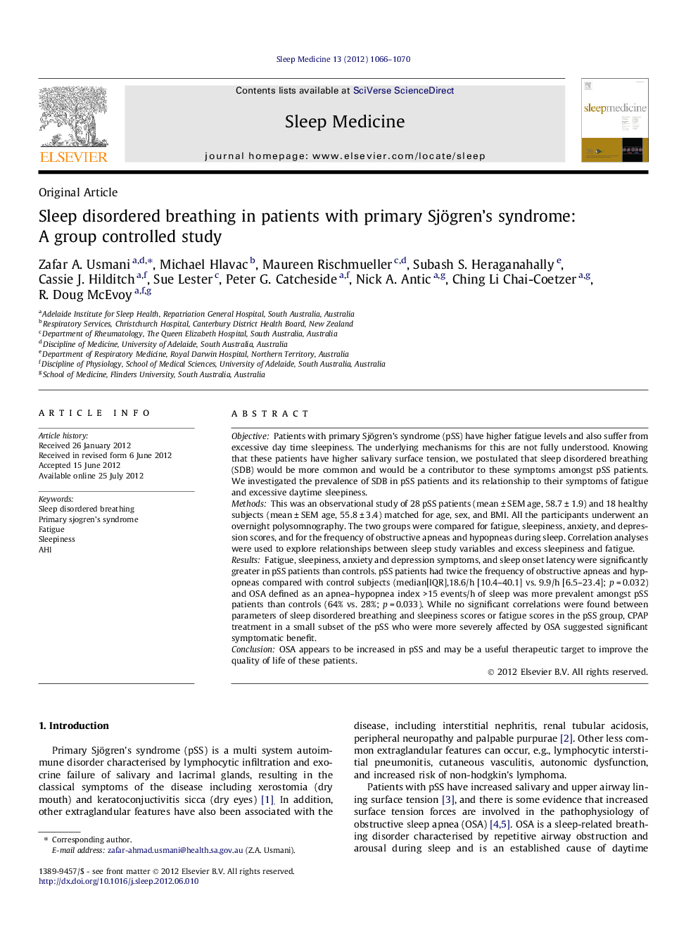 Sleep disordered breathing in patients with primary Sjögren's syndrome: A group controlled study