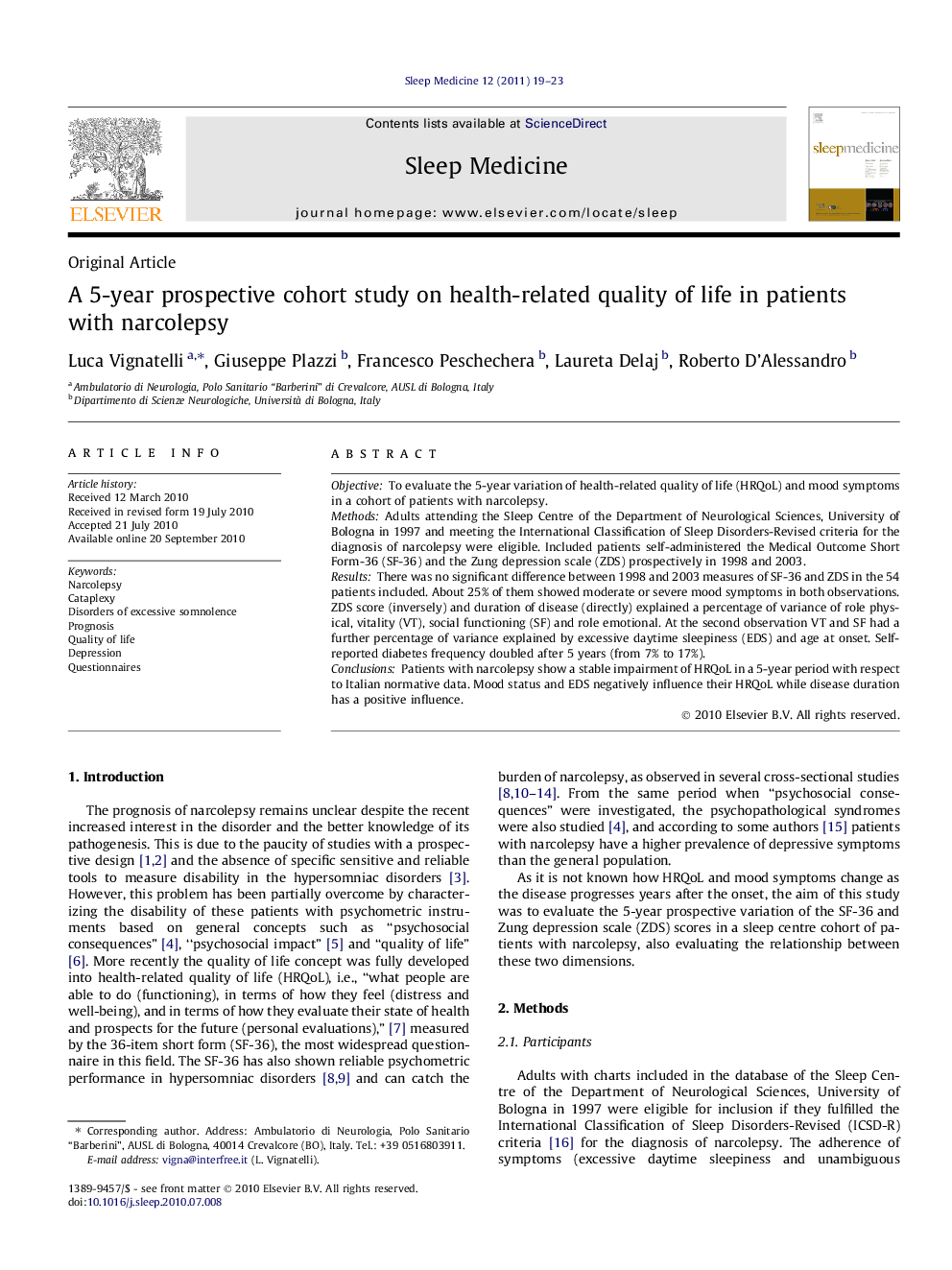 A 5-year prospective cohort study on health-related quality of life in patients with narcolepsy