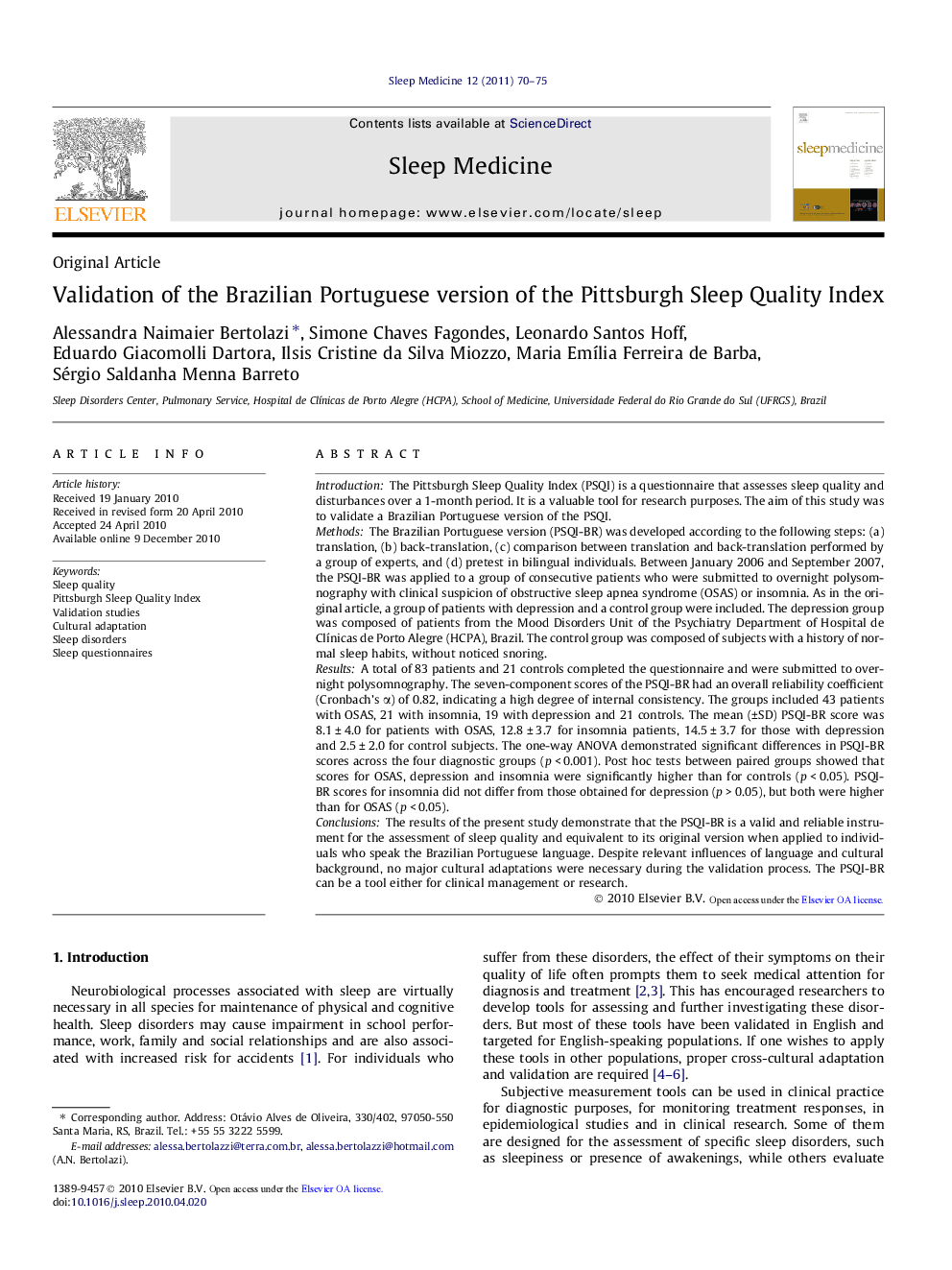 Original ArticleValidation of the Brazilian Portuguese version of the Pittsburgh Sleep Quality Index