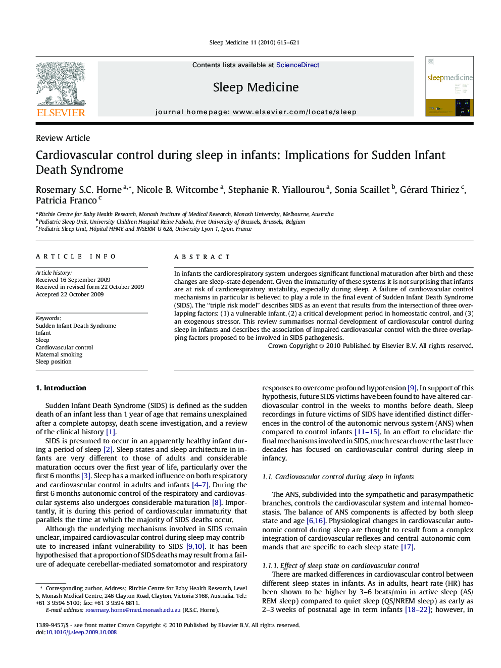 Cardiovascular control during sleep in infants: Implications for Sudden Infant Death Syndrome