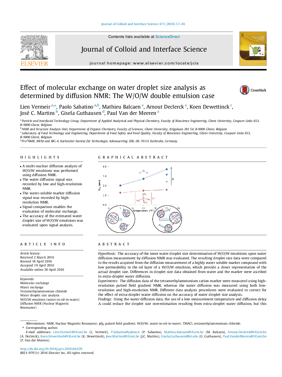 Effect of molecular exchange on water droplet size analysis as determined by diffusion NMR: The W/O/W double emulsion case