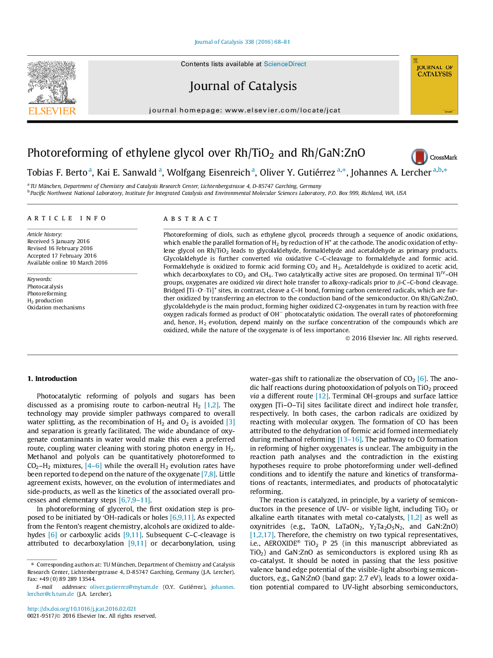 Photoreforming of ethylene glycol over Rh/TiO2 and Rh/GaN:ZnO